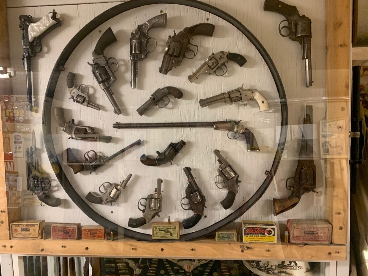 A collection of vintage pistols.