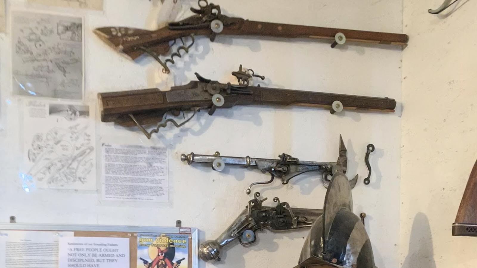 Unique wheel lock firearms on a wall at the Miracle of America Museum in Polson, Montana.