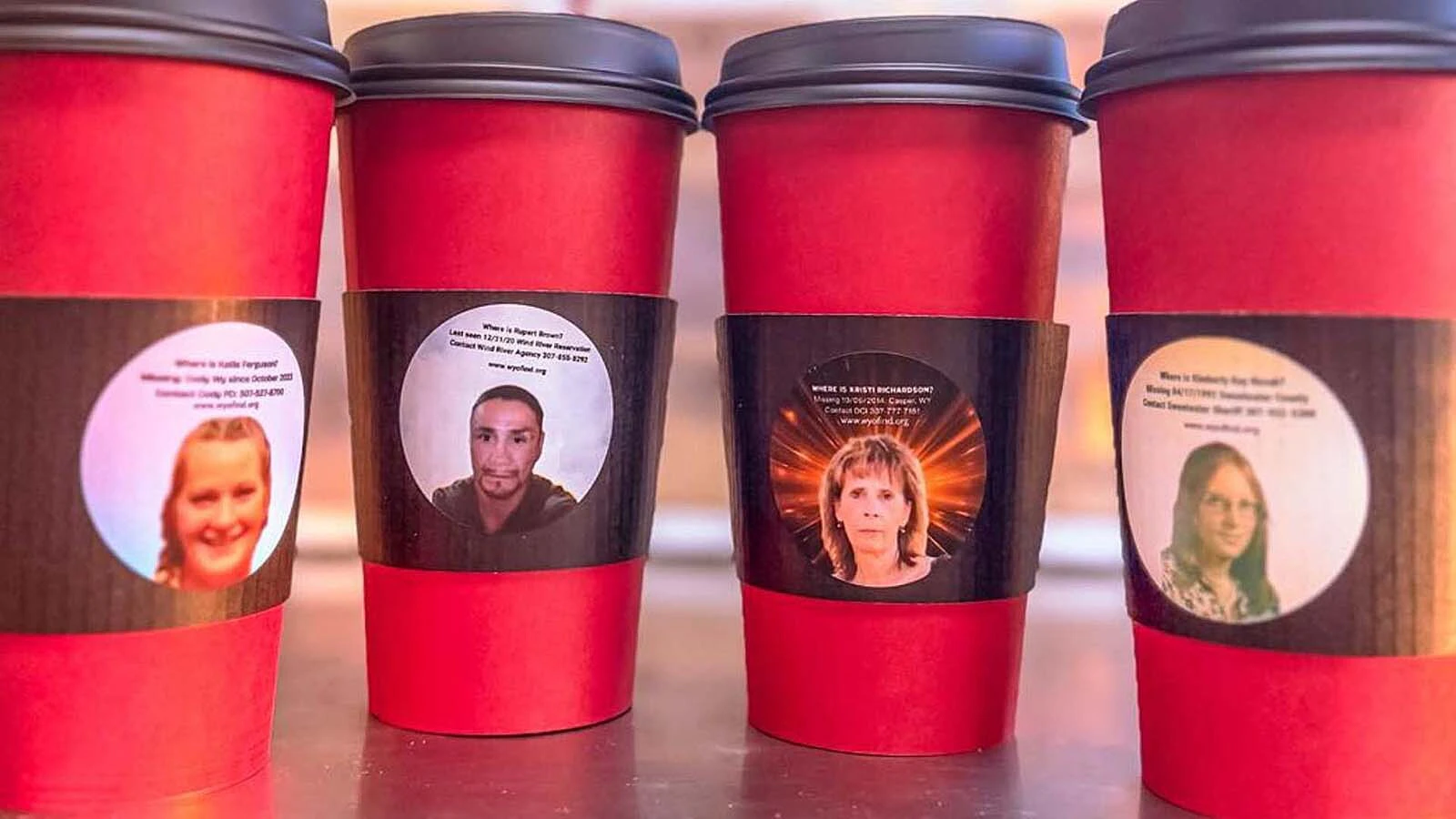 A Wyoming crusade to solve cold cases is putting the faces of missing people on coffee sleeves — more than 20 years after they stopped being printed on milk cartons. “Somebody knows something, people do not just vanish,” says an advocate.