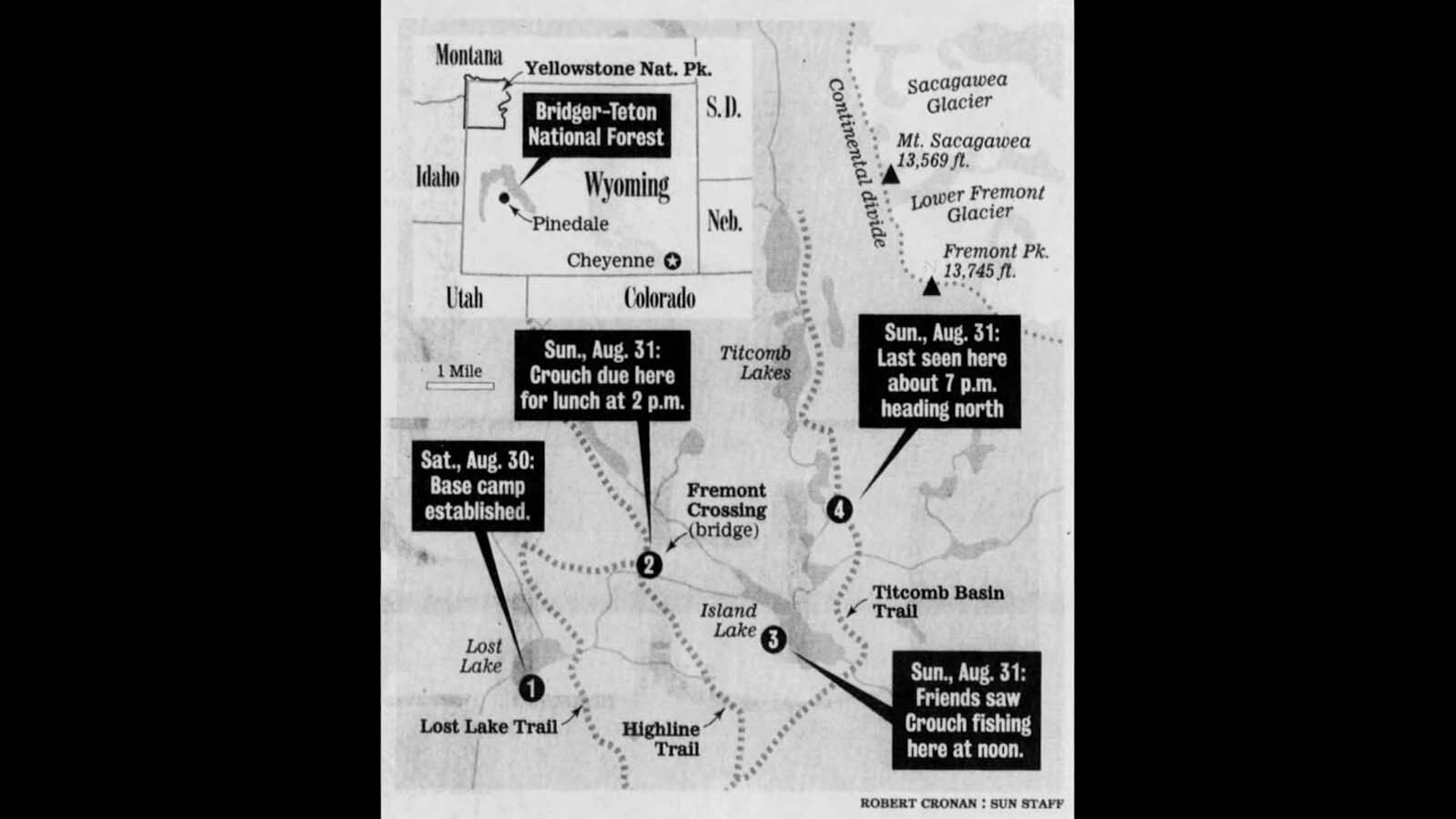 This illustration from a 1997 Baltimore Sun article shows David Crouch's last steps.