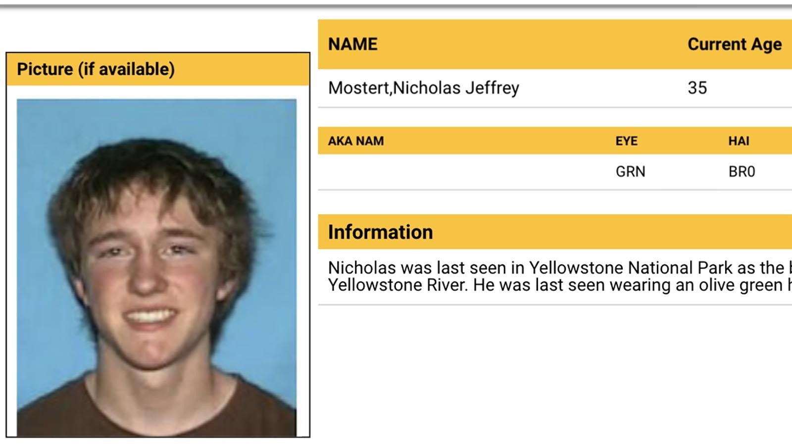 Nicholas Mostert was 20 when he is presumed to have drowned after jumping into the Lower Falls of the Yellowstone River on June 16, 2009.