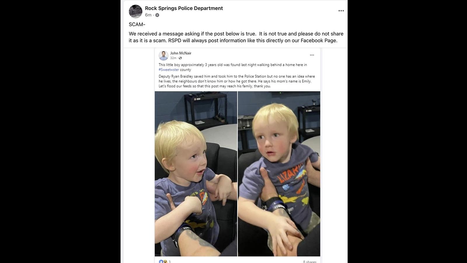 The Rock Springs Police Department says missing children scams like this one posted in a local Facebook group are a growing concern.