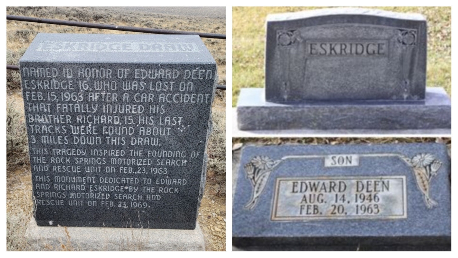 One year after the failed search and rescue attempt for Edward Eskridge and the death of his younger brother, this monument at left was dedicated to their memory. Although Edward Eskridge’s body was never found, he was presumed dead and the family erected a gravestone in his honor. The 61-year-old mystery of what happened to the teenager may never be solved. His disappearance resulted in the emergency forming of the Sweetwater Search and Rescue in 1963.