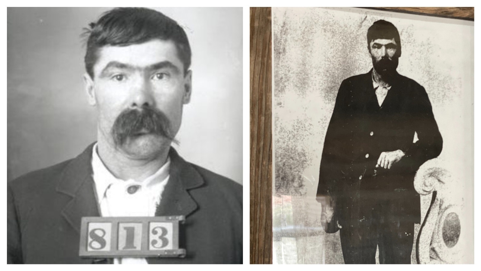 Tom O’Day’s booking photo (left). Tom O’Day poses in a photo that now hangs in Cody’s Old Town (right)