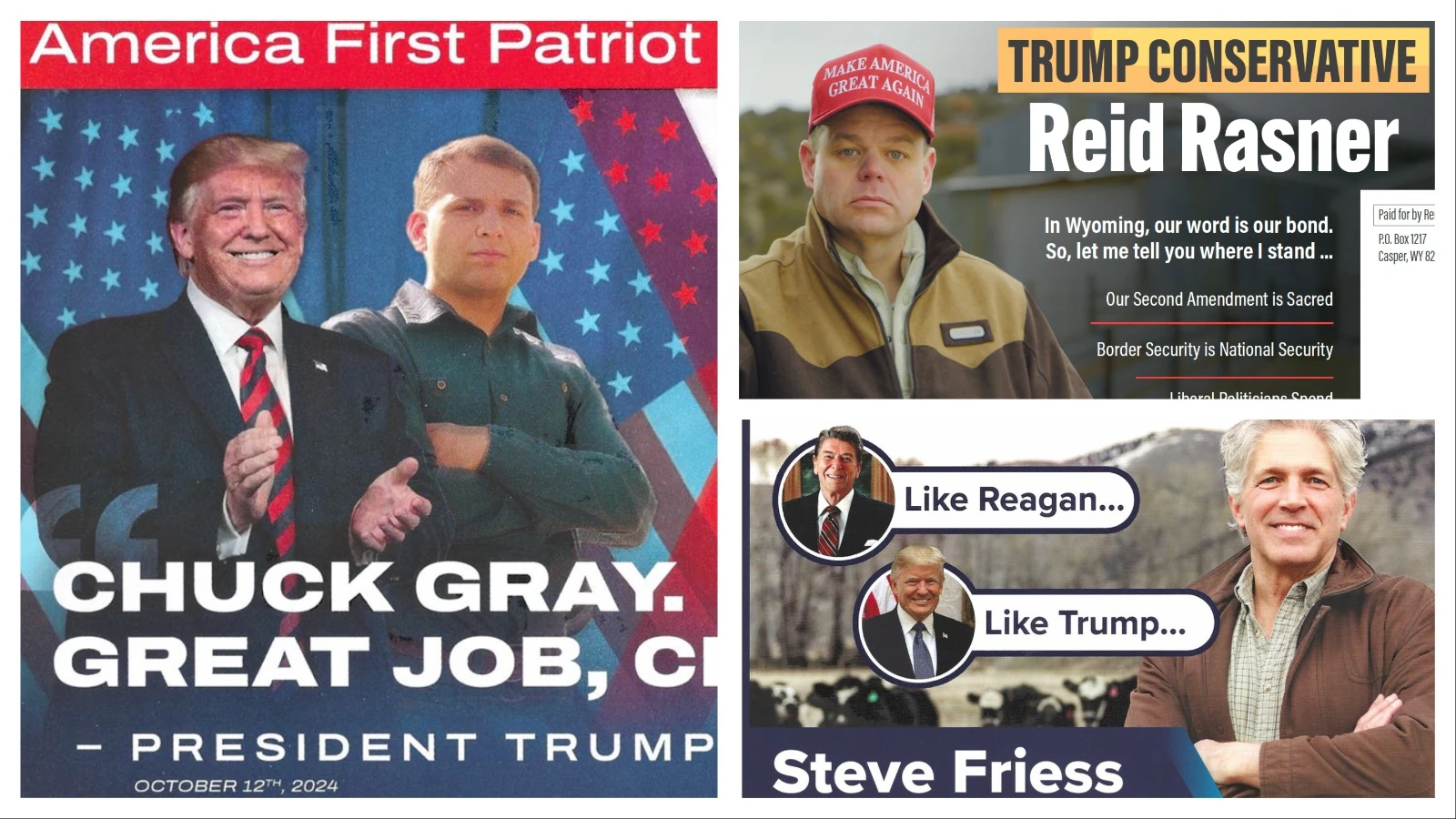 Donald Trump is a common theme in a recent blast of mass mailers from U.S. House candidates Chuck Gray, Reid Rasner and Steve Friess. They all invoke Trump numerous times and describe how their values line up with the president’s.
