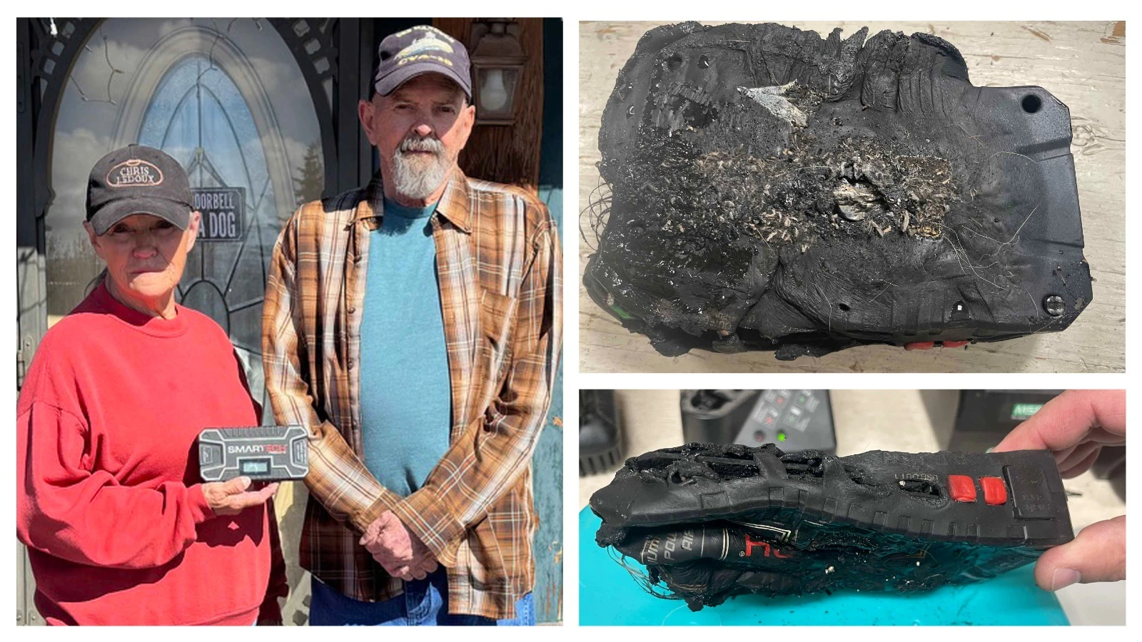 James Morey, Jr. and Diana Gunderson hold up an identical battery pack (left) to the one that blew up and caught fire (upper right and lower right).