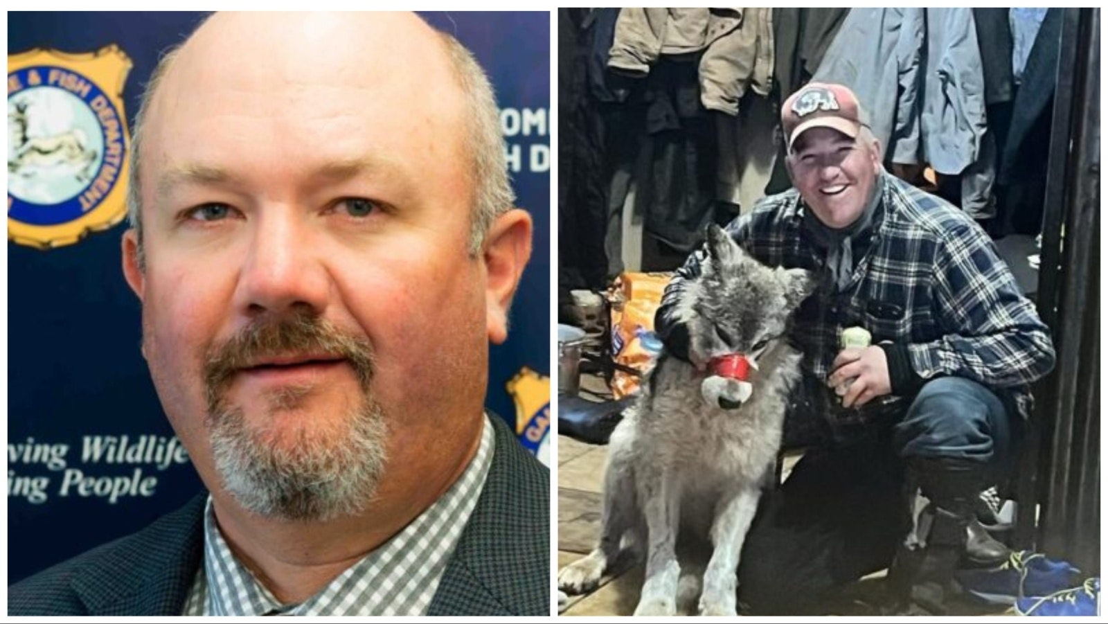 Wyoming Game and Fish Director Brian Nesvik, left, and a photo of Cody Roberts with a wolf with its muzzle taped shut.