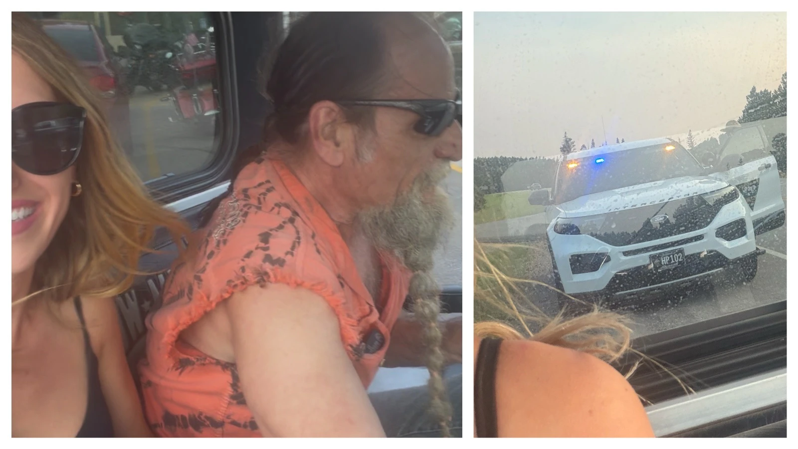Riding along with Manny in his 3-wheeler called the Pantydropper (left). Getting pulled over by the South Dakota Highway Patrol (right)