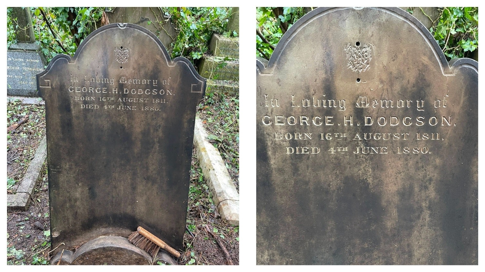The gravestone of George H. Dodgson after it was spruced up by his great, great, great nephew (see scrubbing brush)