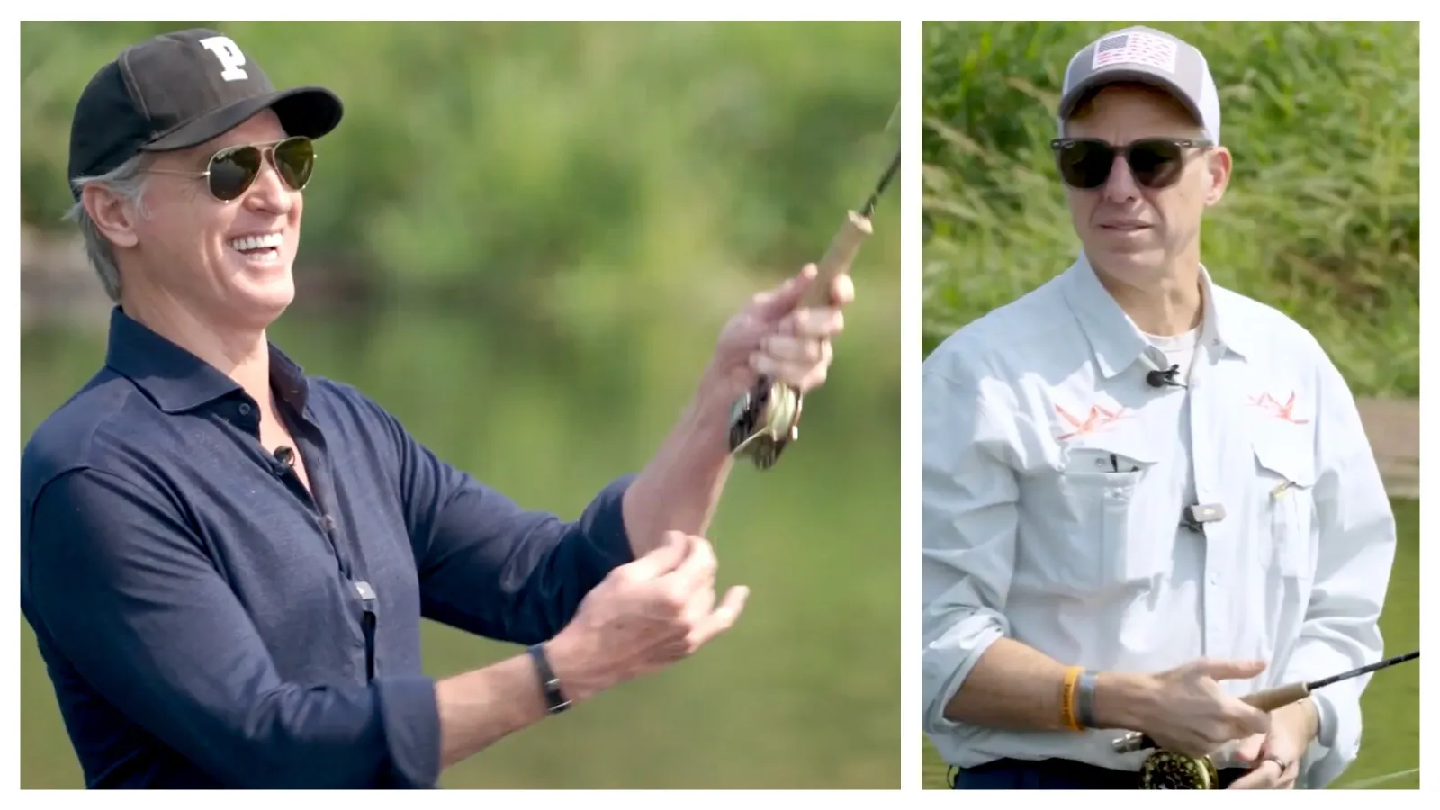 California Gov Gavin Newsom (left) and CNN anchor Jake Tapper attempt to go fly fishing