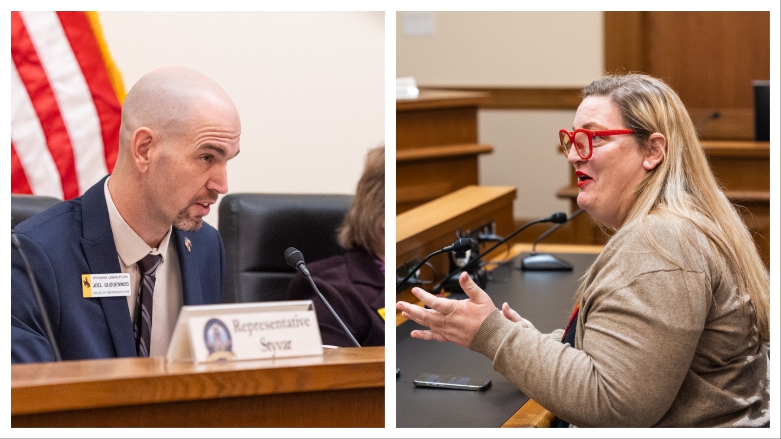 Bill sponsor Rep. Joel Guggenmos, R-Riverton, and Sara Burlingame, executive director of LGBTQ-advocacy group Wyoming Equality, on Wednesday, February 19, 2025.