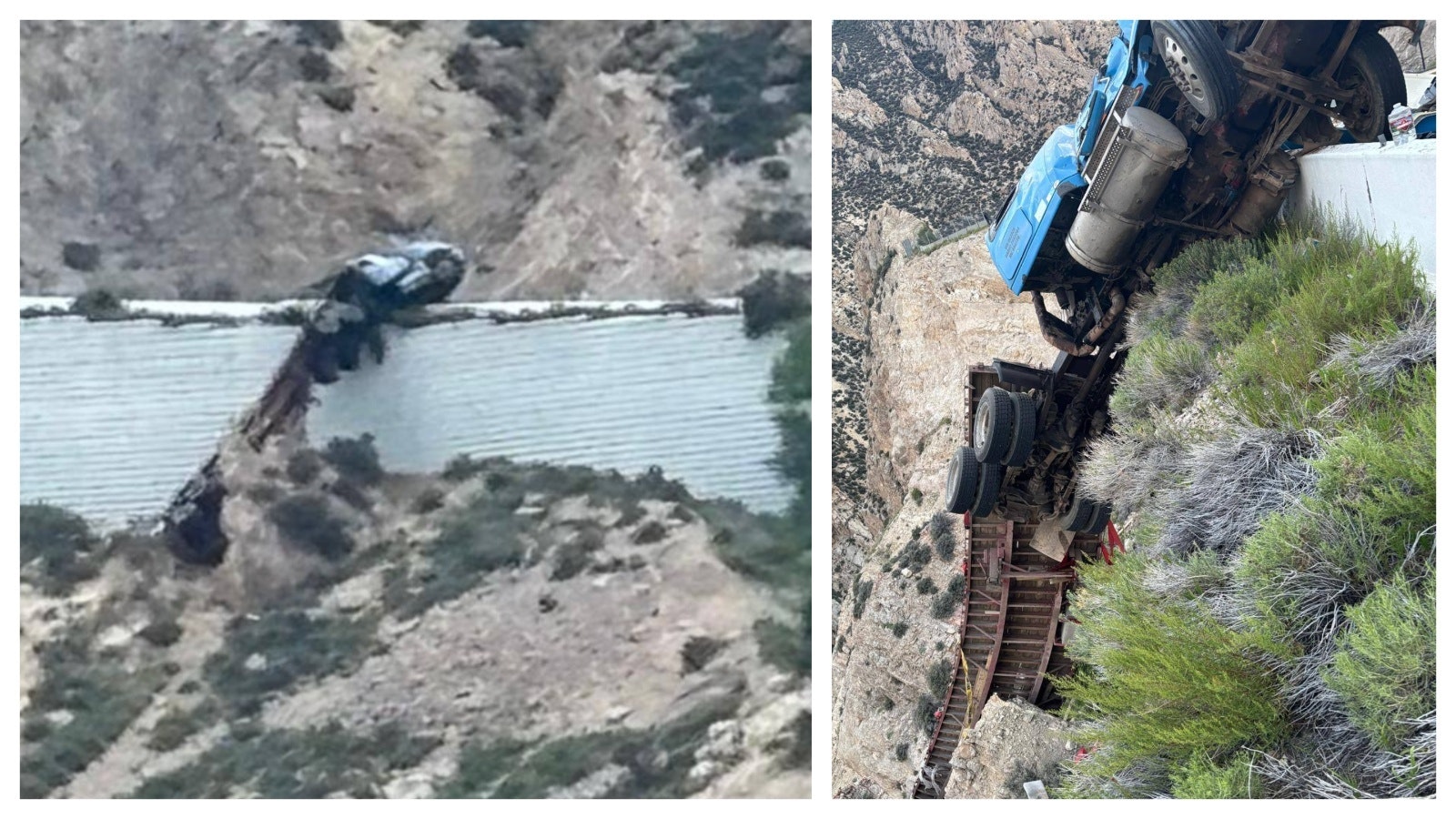 A semi driver is alive and well after his truck careened off U.S. Highway 14-A in northern Wyoming. Somehow the semi managed to hang on and remains dangling perilously over a cliff.