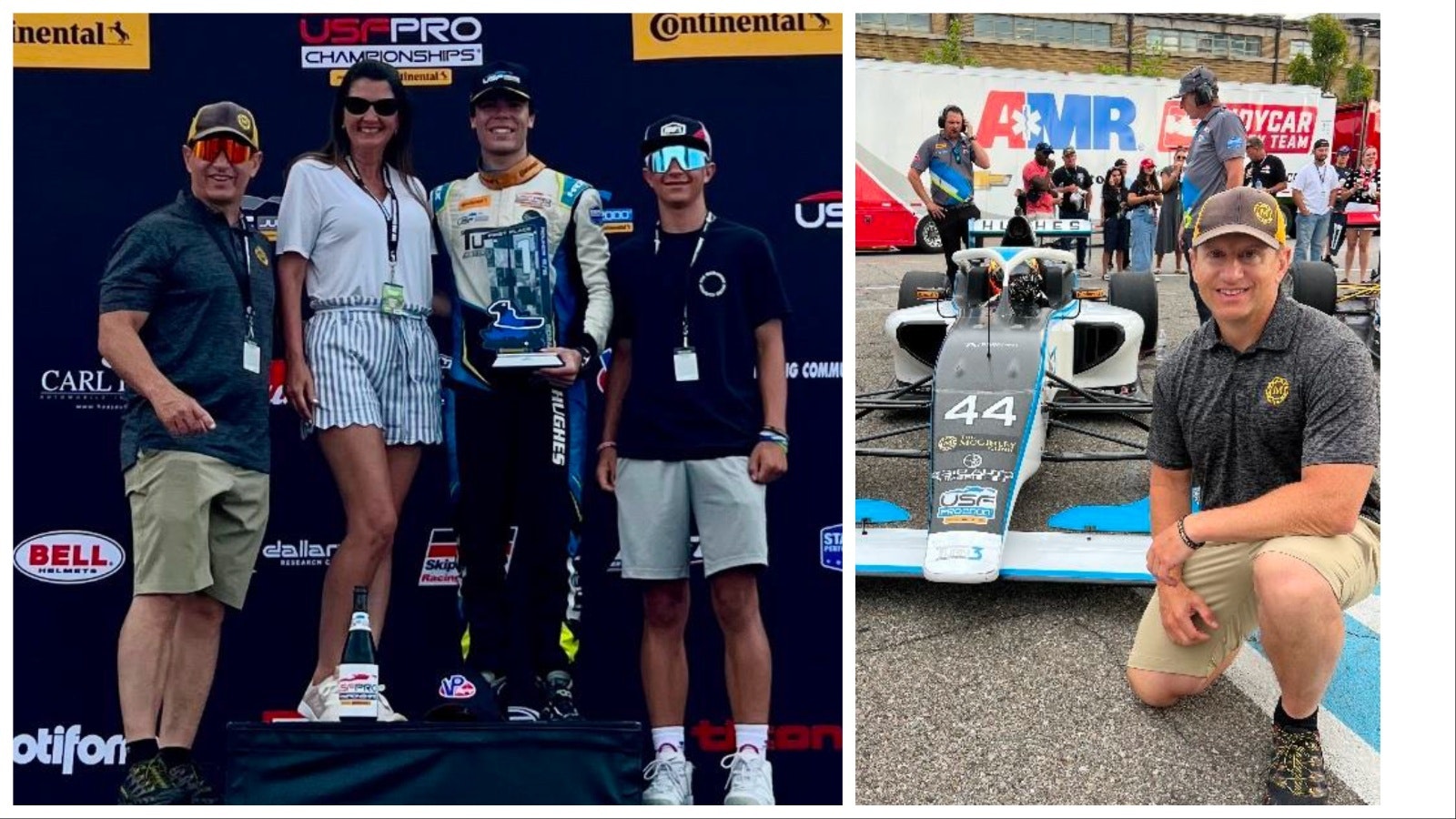 Dr. Joseph, Diane and Charlie McGinley celebrating with Lochie Hughes after a big win in Toronto in 2024 (left). Dr. McGinley trackside during the USF Pro Championship Series in 2024 (right).