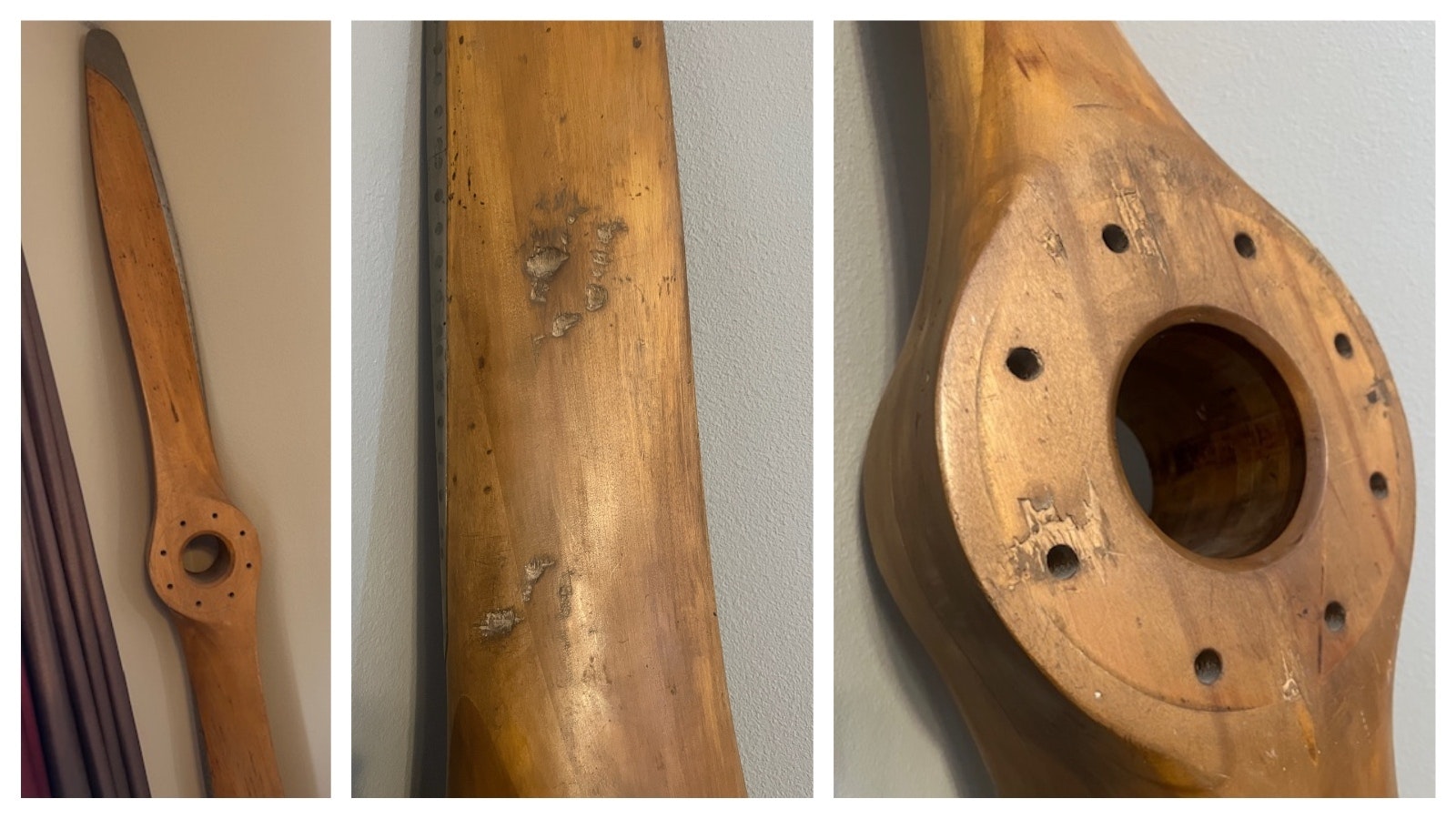 The 90-inch propeller in the corner of Donna Bershinsky’s living room has been a remained a mystery for many years. The holes on the hub, right, show damage that could indicate it fell off an aircraft.