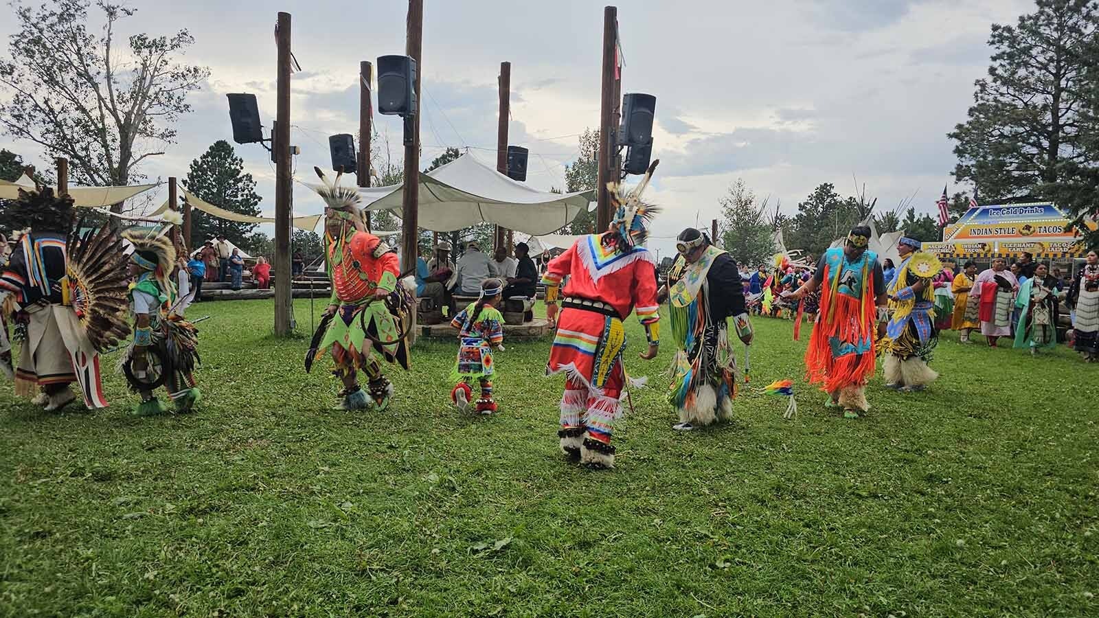 Dancers demonstrate traditional American Indian dances Tuesday night at the Cheyenne Frontier Days Indian Village.