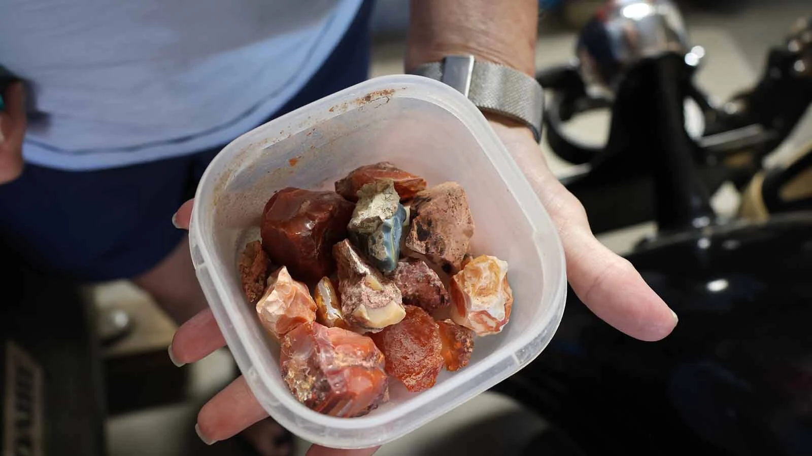 In addition to cars, Dale Corkill enjoyed collecting rocks and polishing them. Patricia Corkill holds some that remain from his collection. 
