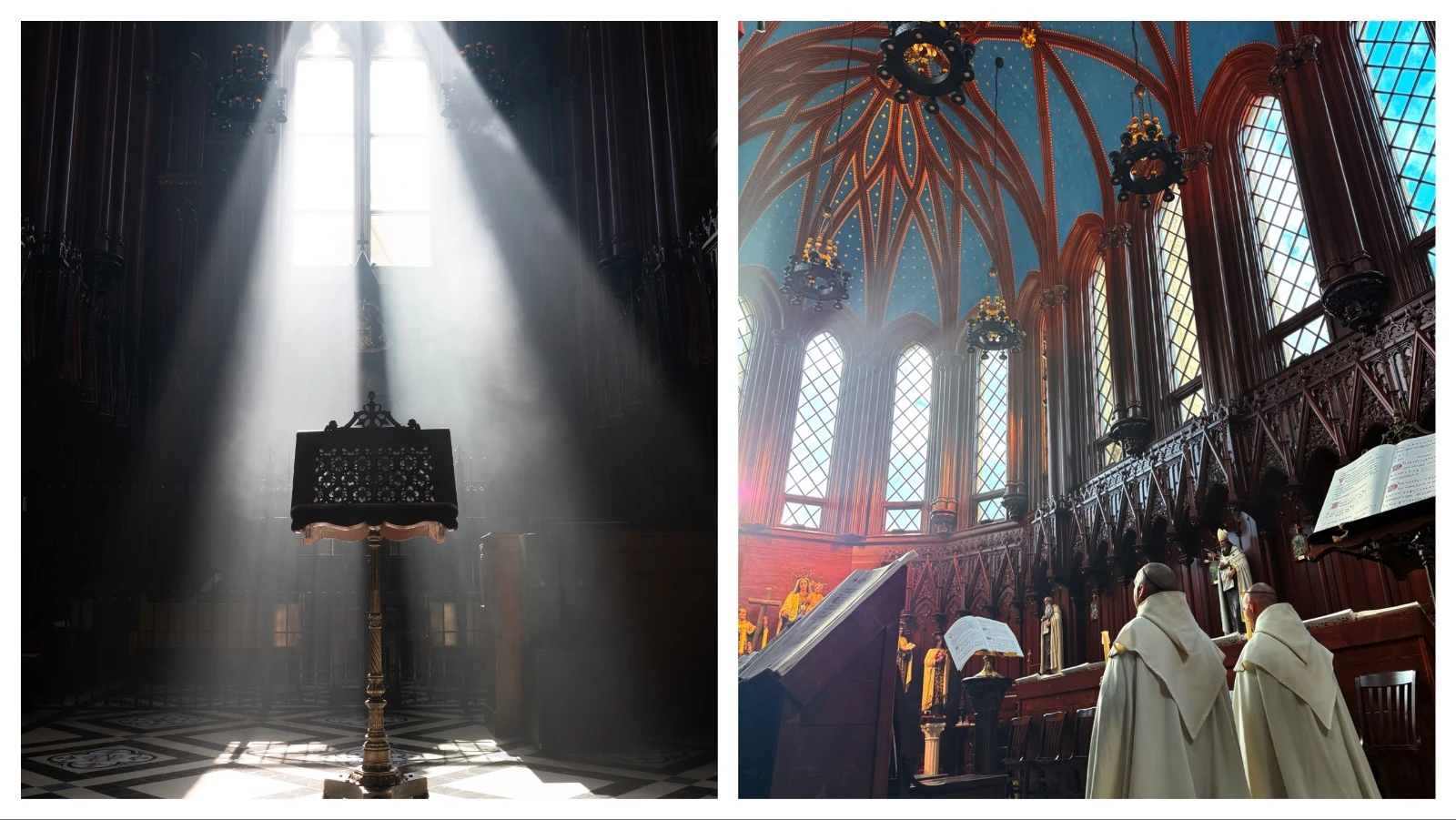 The Carmelite monks of Wyoming worked for years to build their chapel in the Gothic style and now gather several times during the day and night to pray and sing psalms.