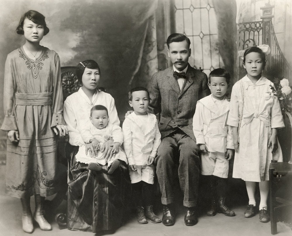 Portrait of the Chen family in Butte, Montana, from left, Kay, Lou, William, Howard, Albert, Albert and Susan circa 1920.