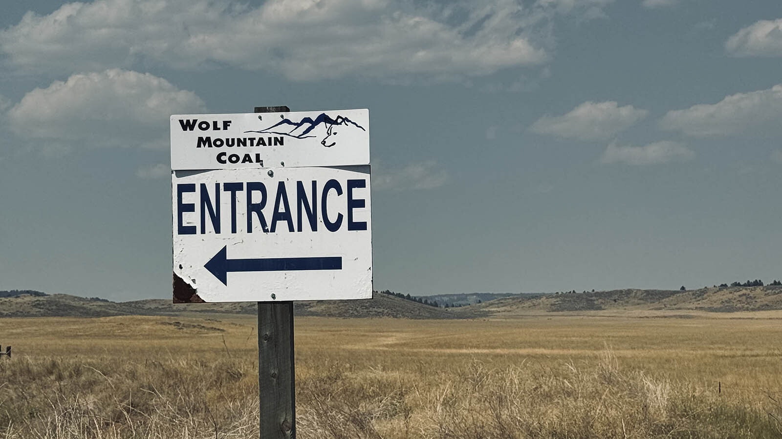 The sign for the main entrance to Wolf Mountain Coal’s surface mining operations along the main road between Sheridan, Wyoming, and Decker, Montana.