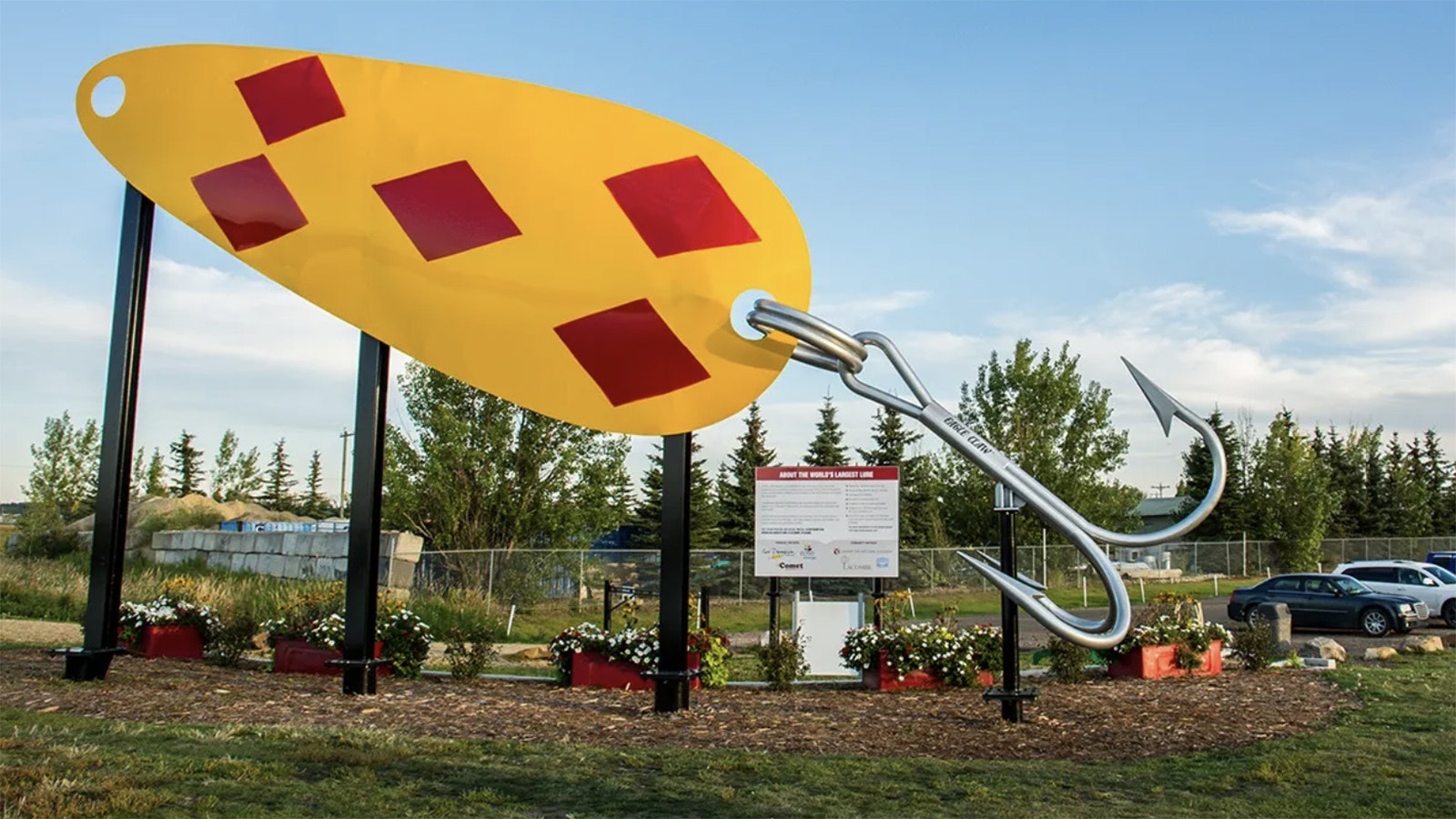 The world's largest fishing lure stands as a tribute to the Len Thompson fishing lure company (now Thompson-Pallister Bait Co. Ltd.), in Lacombe, Alberta. The company depends on imports from the U.S. to manufacture its line of fishing lures.