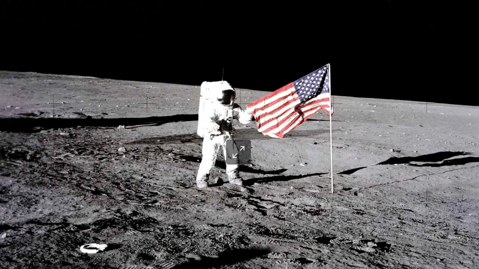 U.S, Flag On The Moon, Apollo 12 Astronaut Charles 'Pete' Conrad Stands Beside The U.S, Flag After It Was Unfurled On The Lunar Surface On Nov, 19, 1969, Footprints Made By The Crew Can Be Seen In The Photograph.