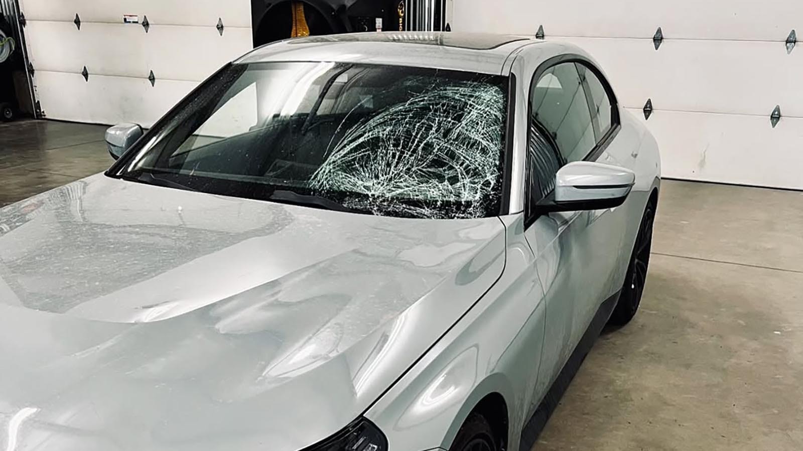 What hit this BMW's windshield to cause this damage? That was the question in a contest by a Cody, Wyoming, glass repair shop. The answer is moose butt.