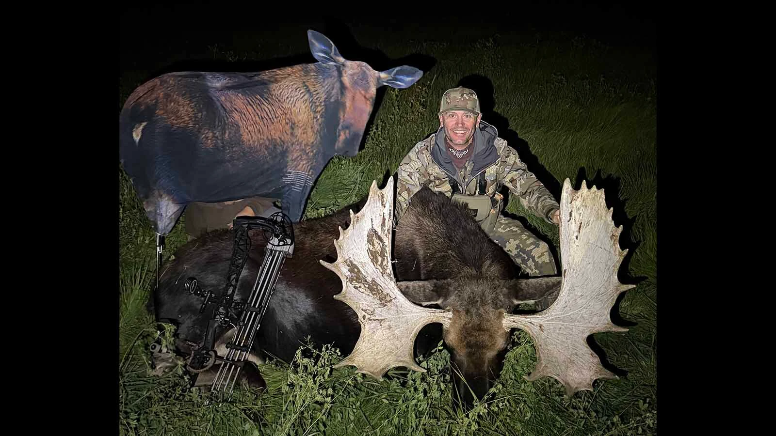 Bowhunter Zach Key held a 2D moose decoy in front of him to cross an alfalfa field during his hunt for this huge bull moose in southwest Wyoming.