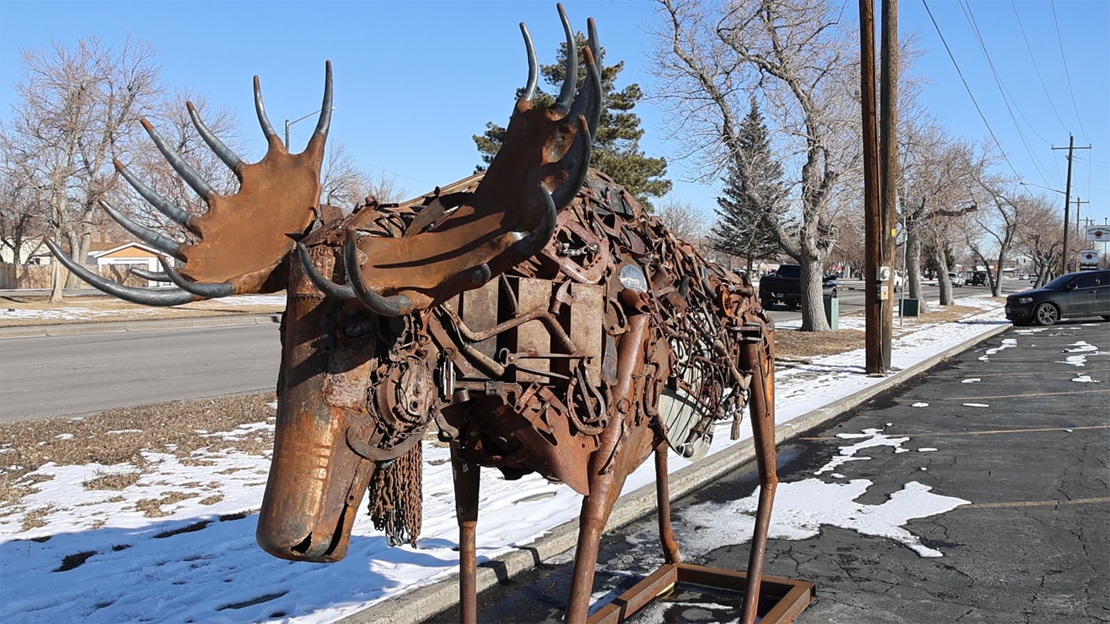 Wyoming-born artist Bill Foy created this nearly life-sized moose sculpture titled "Holy Smokes" out of junk metal.