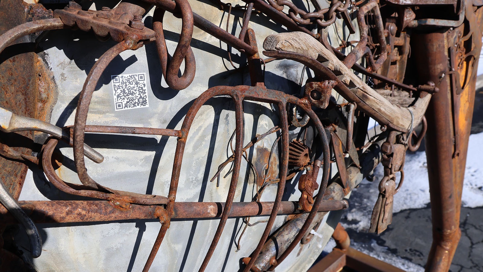 A pitchfork fills in what would be part of the rib cage on Bill Foy’s sculpture called “Holy Smokes.”