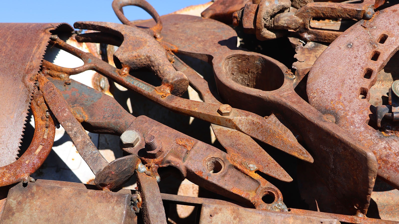 Tin snips and an old railroad spike are just some of the tools and hardware that make up the moose sculpture.