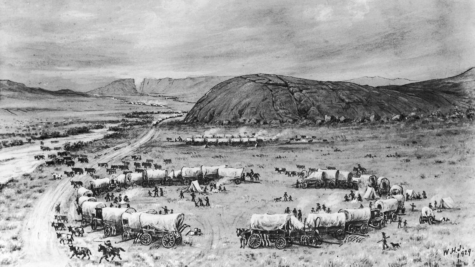 Painting by William Henry Jackson, titled "Independence Rock on the Mormon Trail" depicting numerous wagons in a field with Independence Rock in the background.