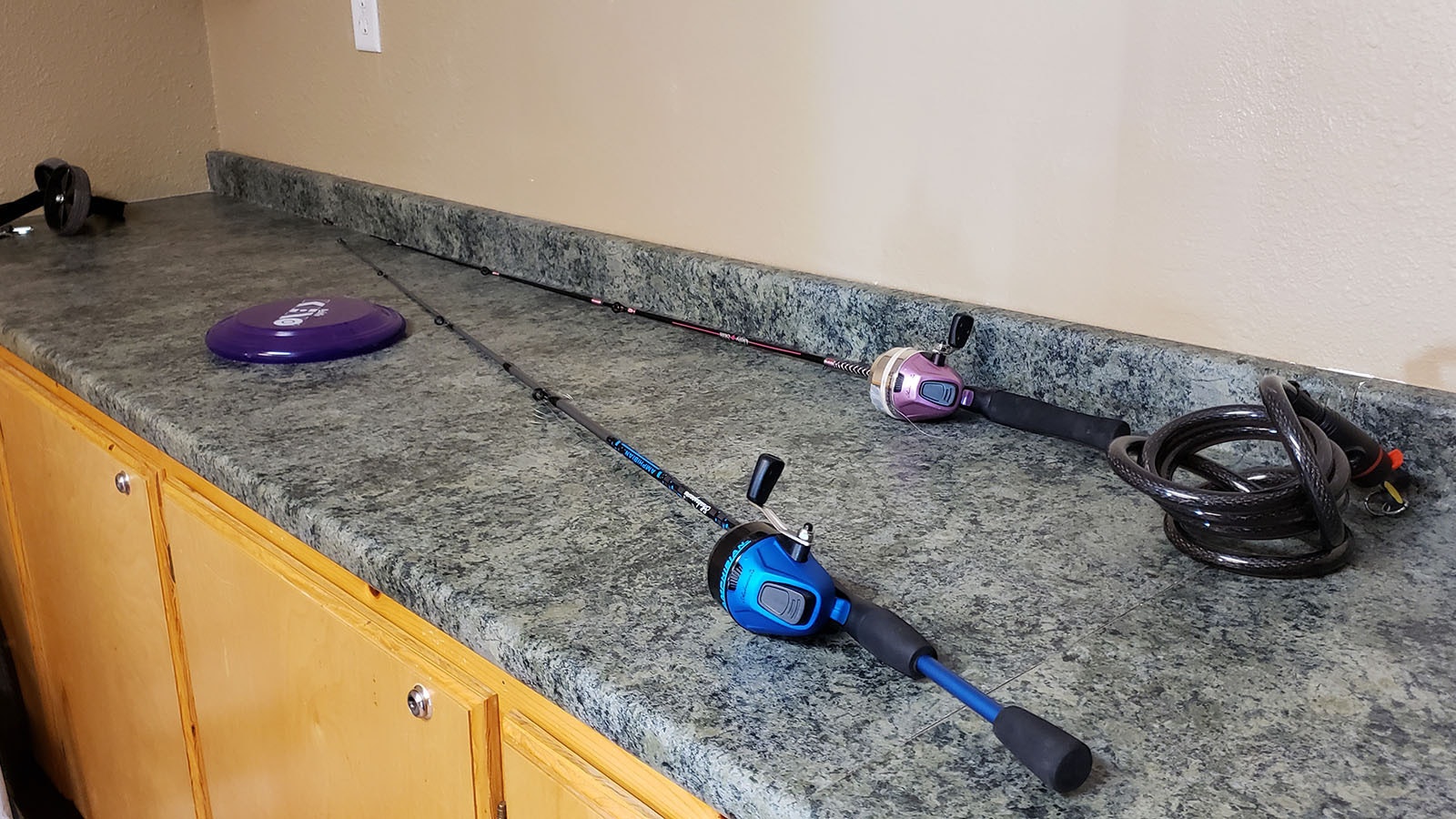 Fishing rods and frisbees available in the gear garage.