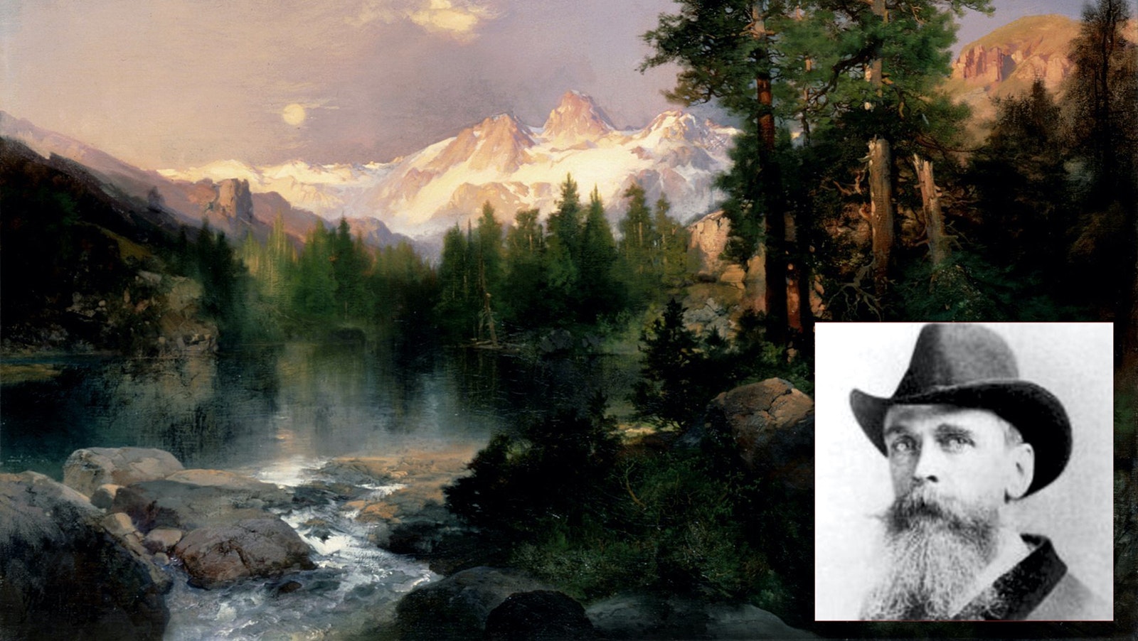 Thomas Moran, lower right, and a depiction of The Three Tetons.