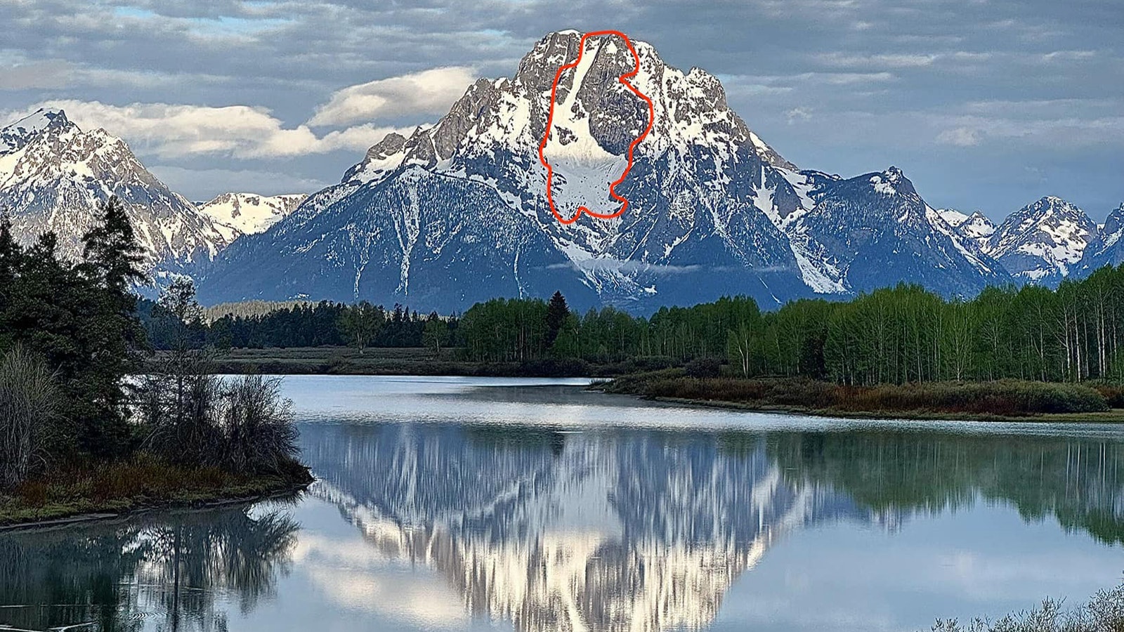 The Lady of Mount Moran has made an appearance this year as snow melts off the Grand Teton peak.