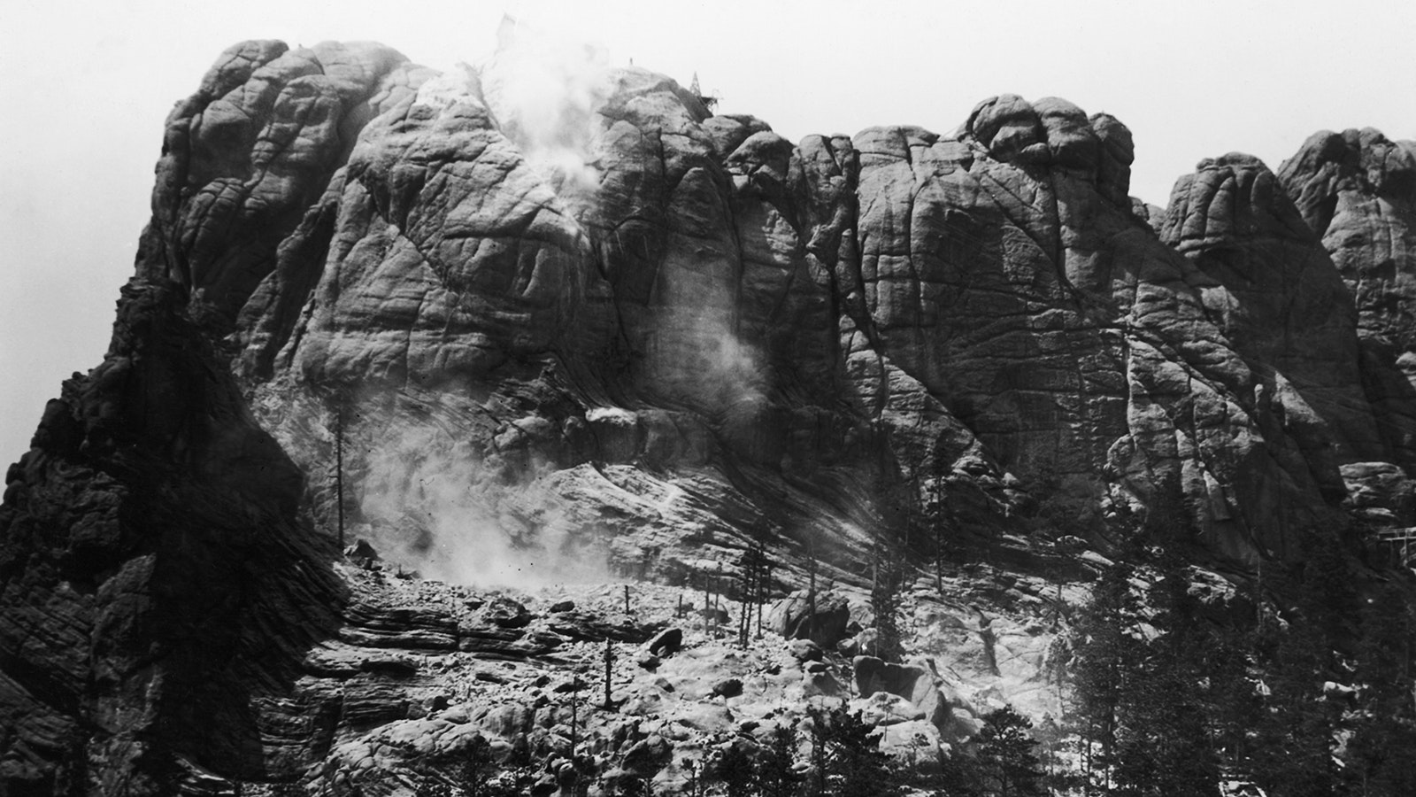 The early years of construction on the Mount Rushmore National Memorial in South Dakota, circa 1929.