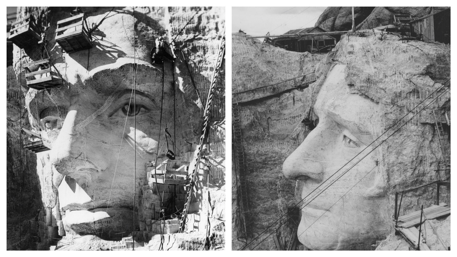 Left, close-up of Lincoln's head at Mount Rushmore under construction in South Dakota on Sept. 16, 1937. Right, the head of Thomas Jefferson takes shape as Mount Rushmore is under construction in this photo postcard from circa 1930.