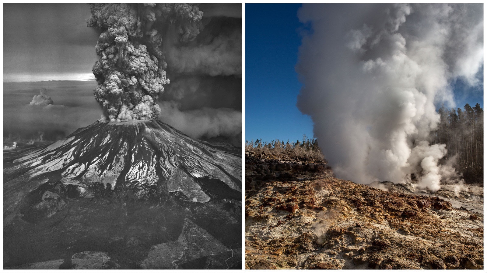 Mount St. Helens erupts May 18, 1980, left, and an active Steaboat Geyeser at Yellowstone National Park.