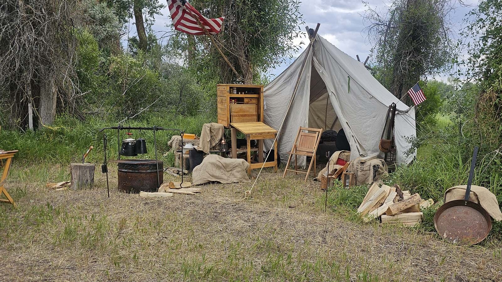 A mountain man camp at the 1838 Riverton Rendezvous.