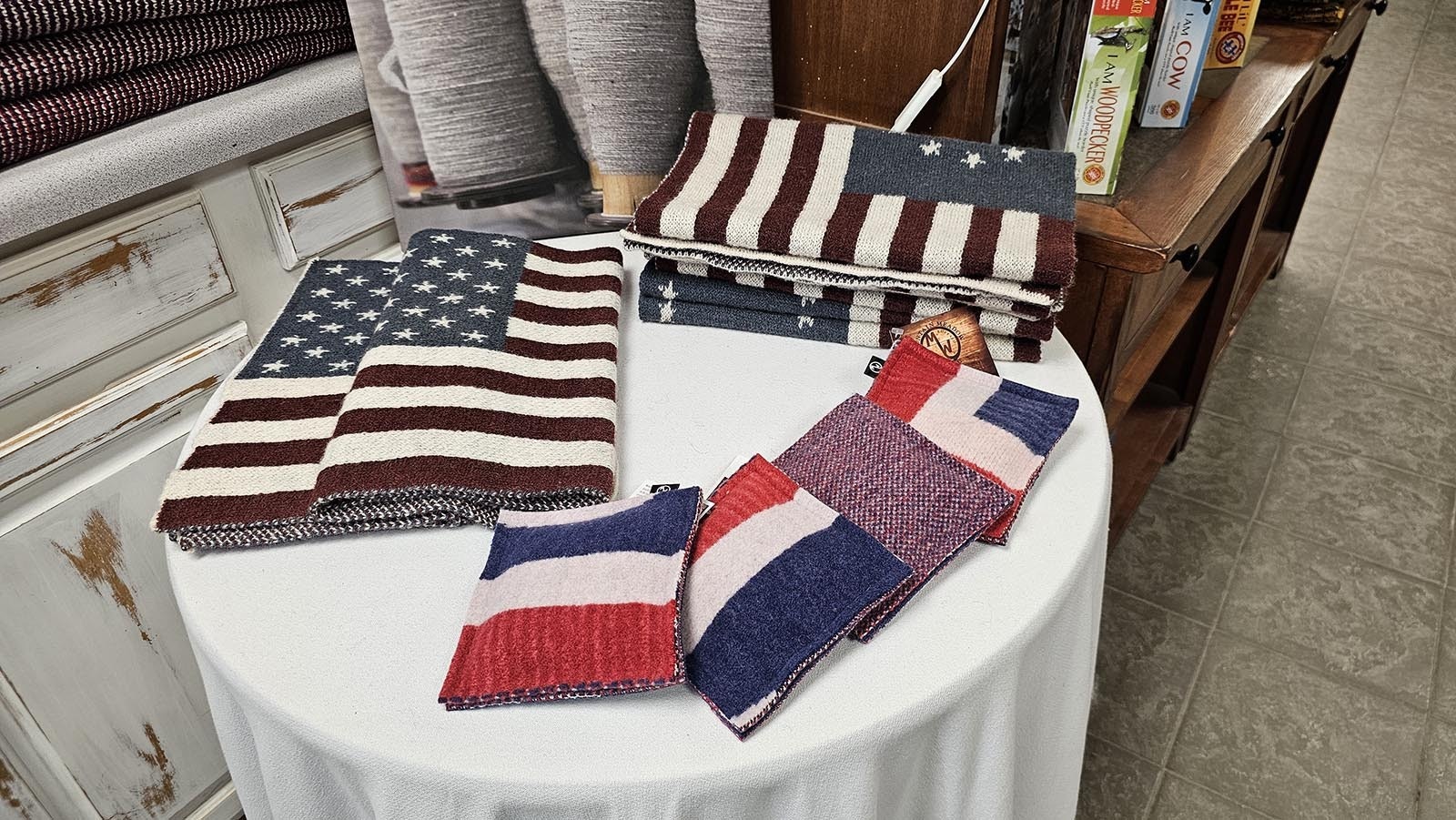 Red, white, and blue objects for sale in Mountain Meadow Wool's retail store.