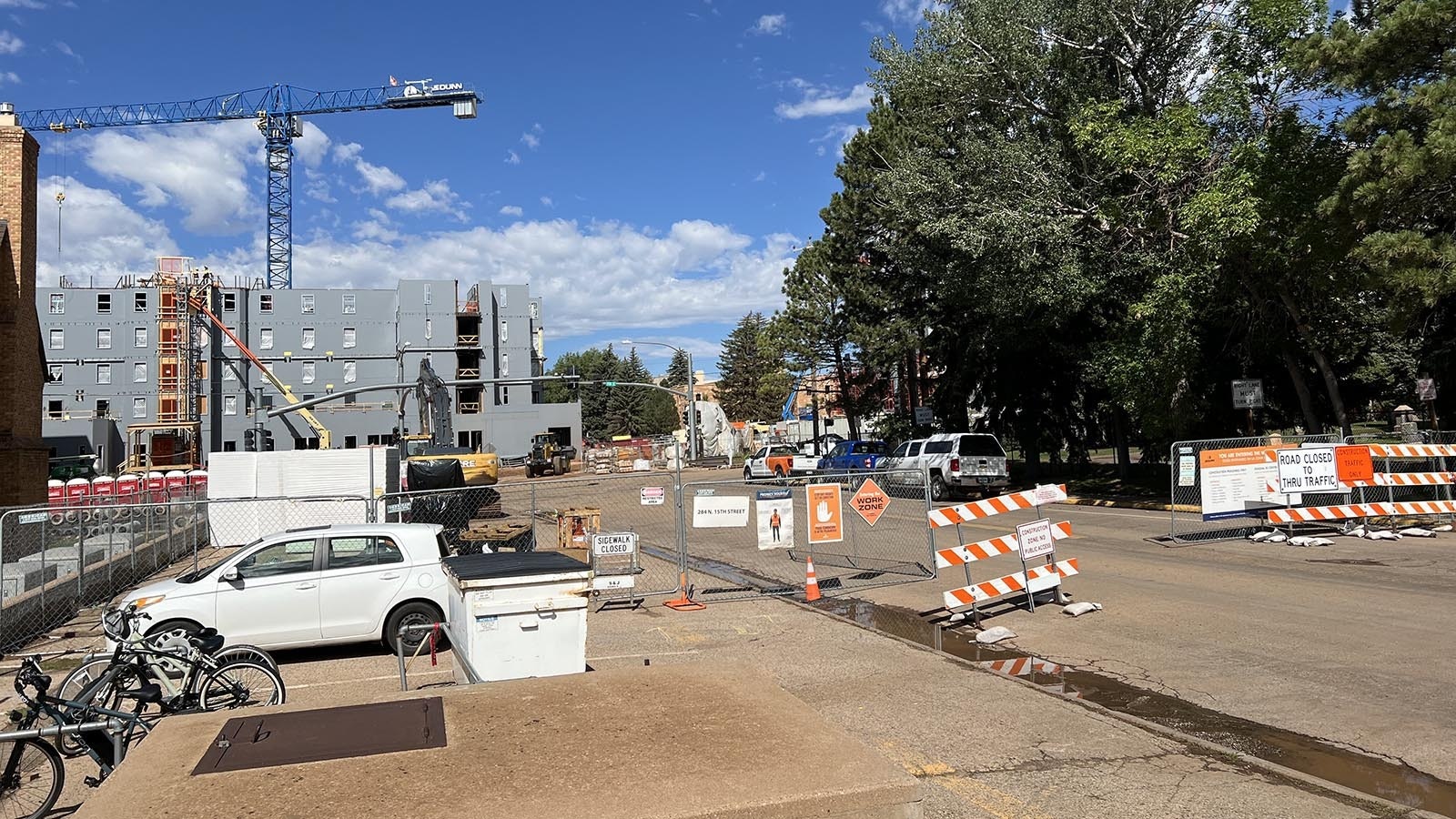 One of Laramie's busiest intersections - the corner of Willett Drive and 15th Street - remains closed as construction continues on a new dining hall and dormitory at the University of Wyoming.