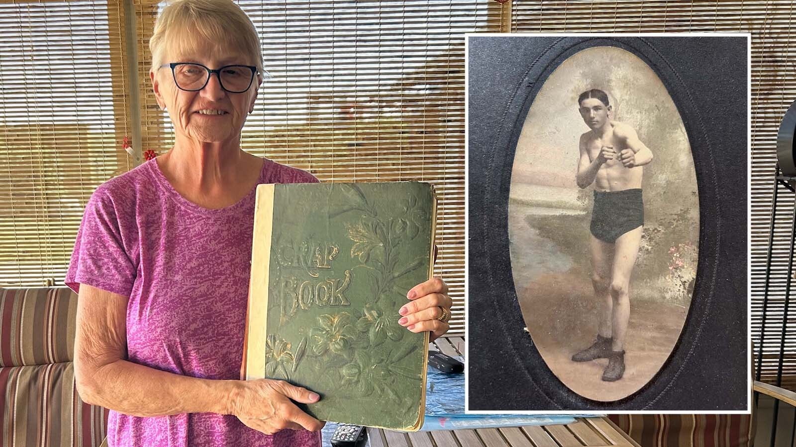Kathy McKinzie, the great-niece of Gilbert "Muggsy" Schoel, holds the family scrapbook of the fighter who made a name in the boxing world at the turn of the last century.