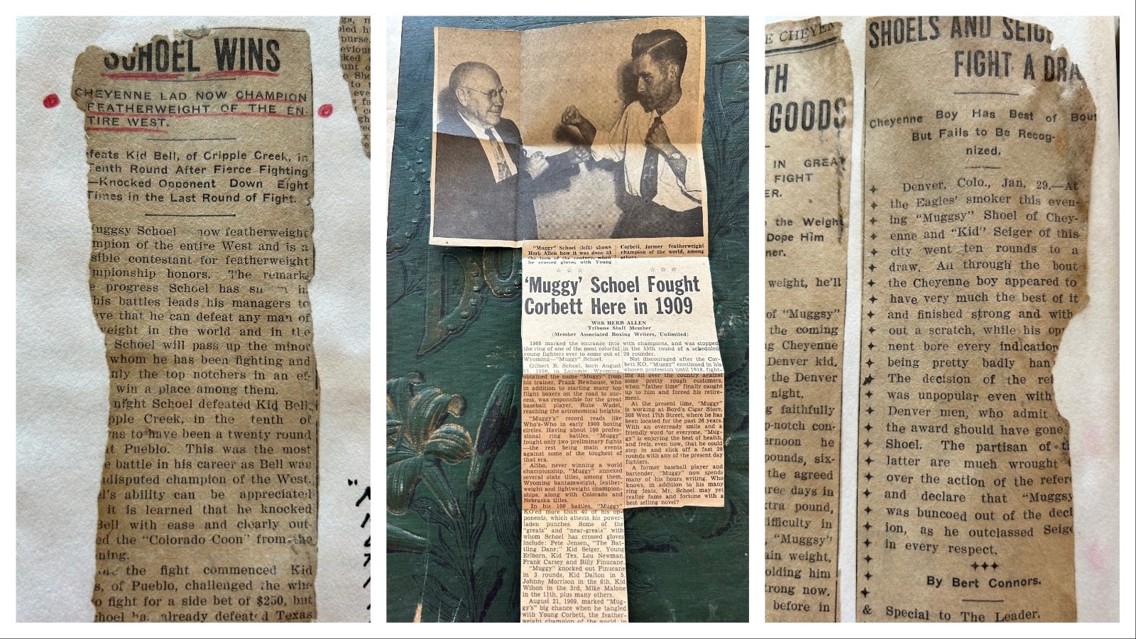 Left, a newspaper clipping in the family scrapbook recounts Muggsy Schoel’s KO over Kid Bell. Center, an article in the Schoel family scrapbook as Gilbert showing his pose to a sportswriter. Right, a newspaper clipping on the Muggsy Schoel vs. Kid Sieger fight declares Schoel was “buncoed” out of a win.