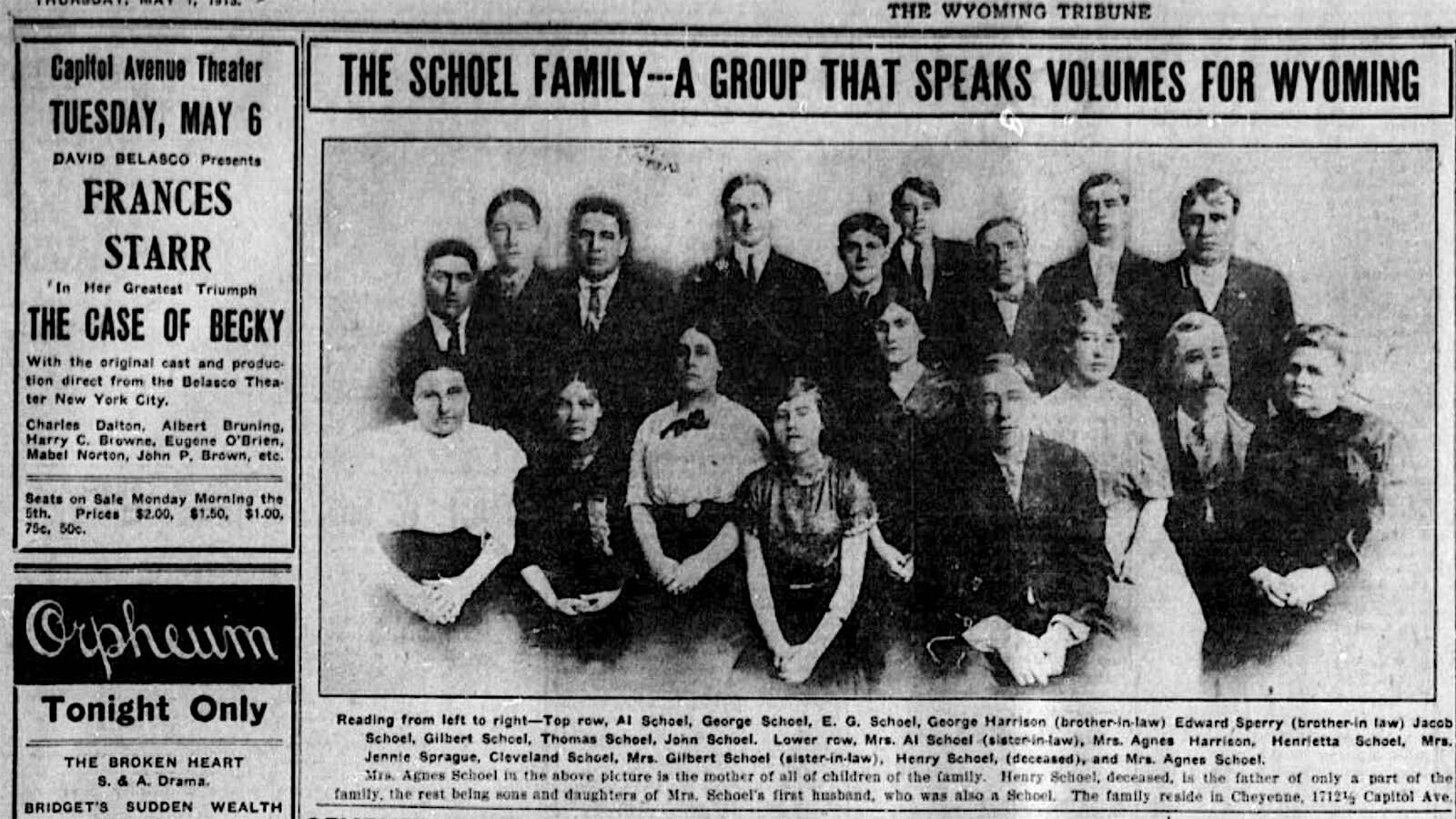 The Wyoming Tribune carried a photo of the Schoel family on May 1, 1913, that showed Gilbert, third from right in the back row, and his wife, third from right in the front row.