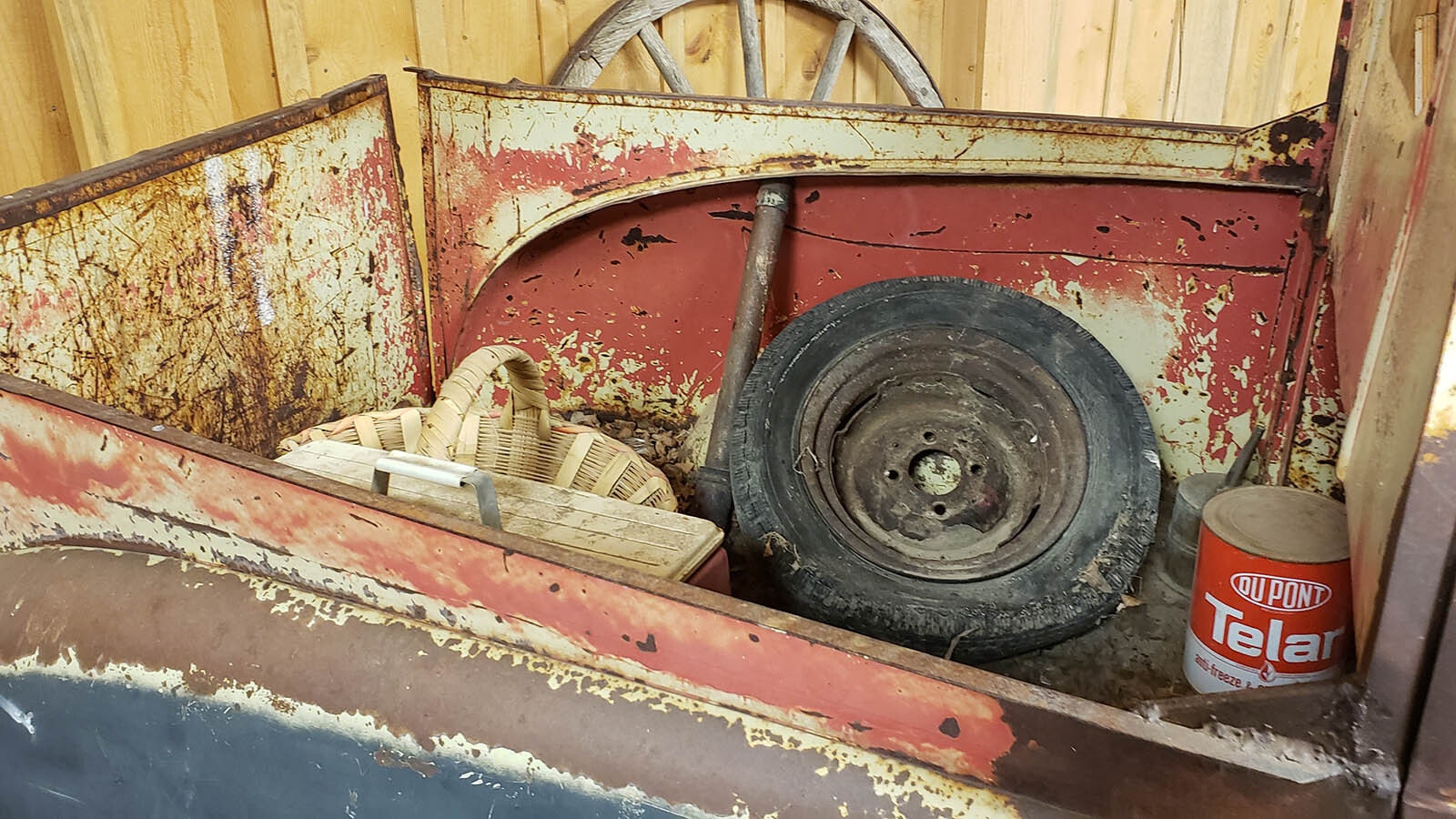 Imagine five kids in the back of this tiny box on a 1947 Crosley at the Little Snake River Museum in Savery with the metal sides hot as a firecracker.