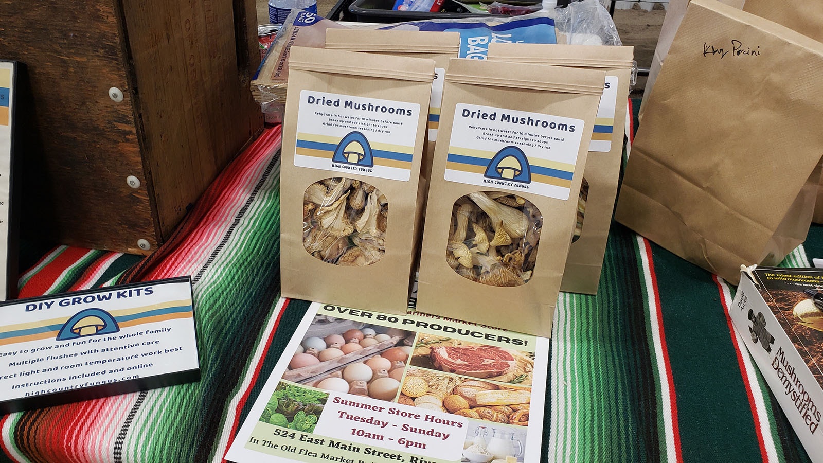 Some of Dan Stewart's dried mushrooms for sale.