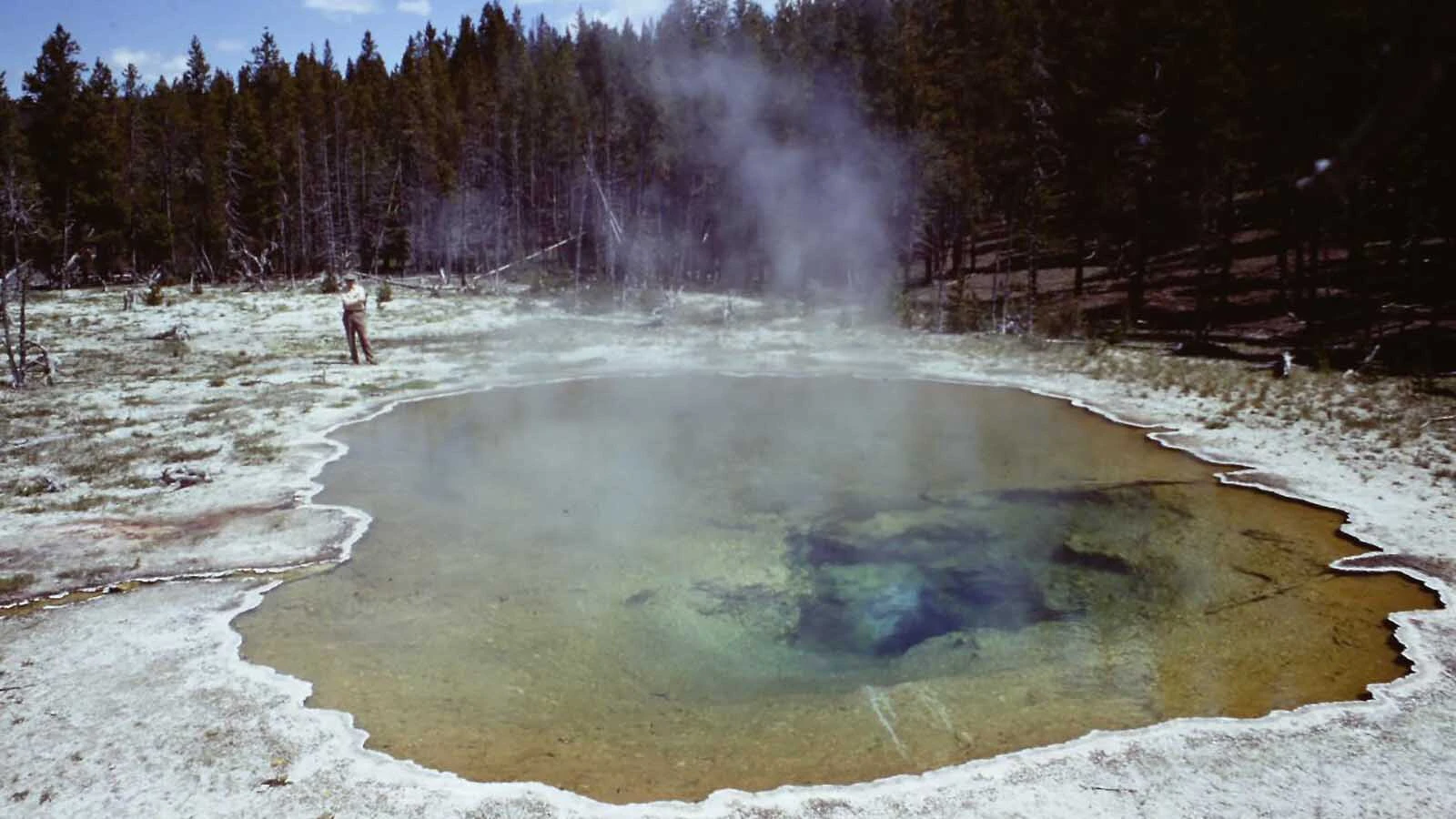 Mushroom Pool, in the Lower Geyser Basin of Yellowstone National Park, as it looked in June 23, 1967. The sample that would be the source of Thermus aquaticus strain YT-1 came from this hot spring. Pictured is Thomas Brock standing near the edge of the pool. Image from the self-published "A Scientist in Yellowstone National Park."