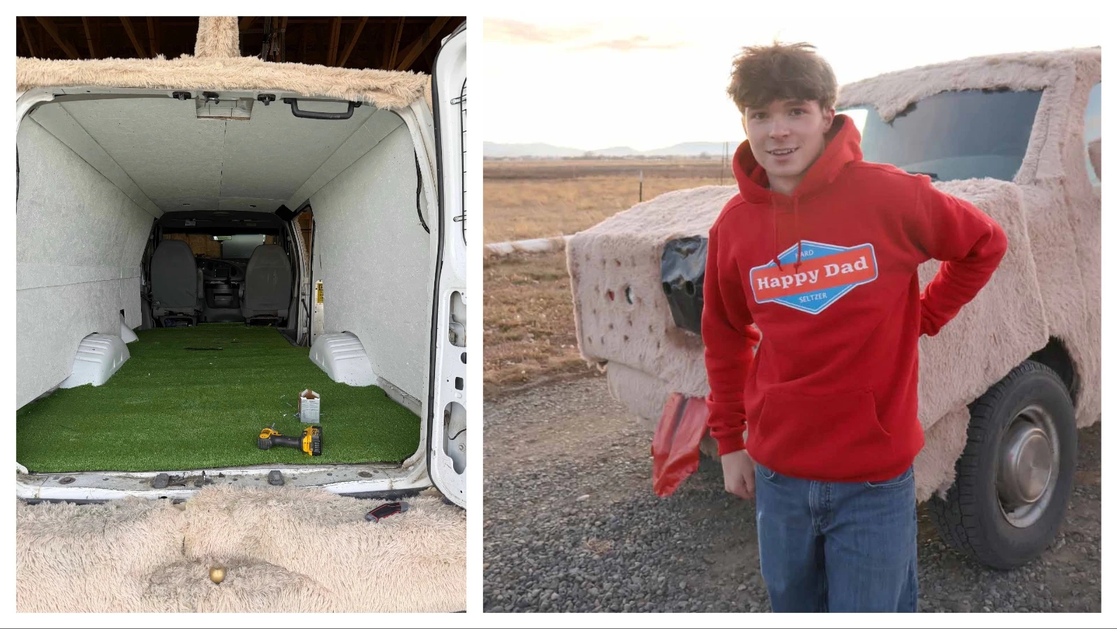 Parker Williams, 20, right, poses proudly in front of his Mutt Cutts van. Williams wanted to make the iconic movie van for his YouTube channel.