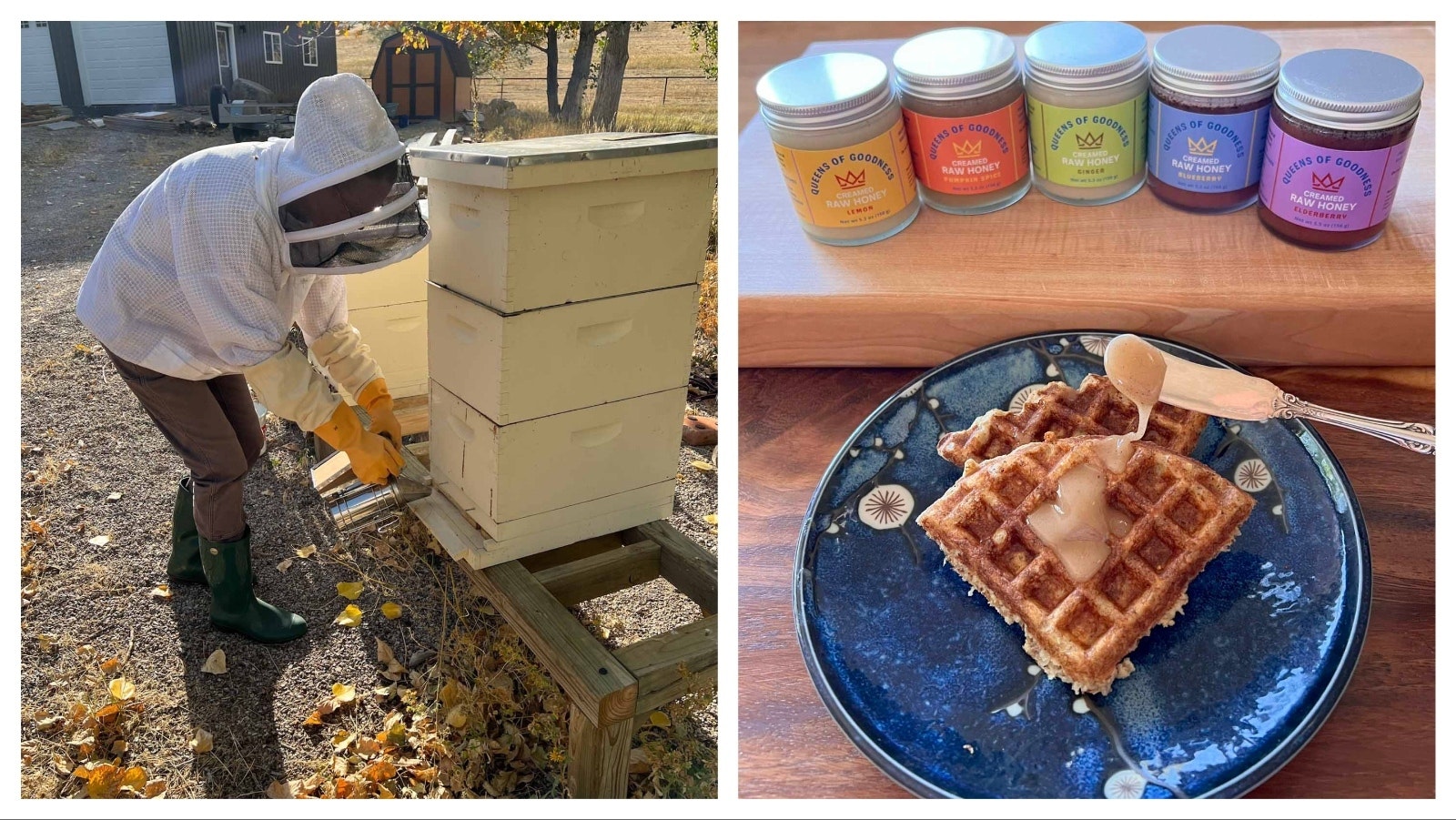 Left, Susan Frost smokes the bees in one of her five hives to calm them and interrupt their alarm pheromone before doing an inspection. Right, Susan Frost's creamed honey can be added to hot drinks or smoothies, spread on toast or waffles, used to sweeten oatmeal or yogurt, paired with cheese or apple dips, used in marinades or cooking, or just eaten directly off a spoon.