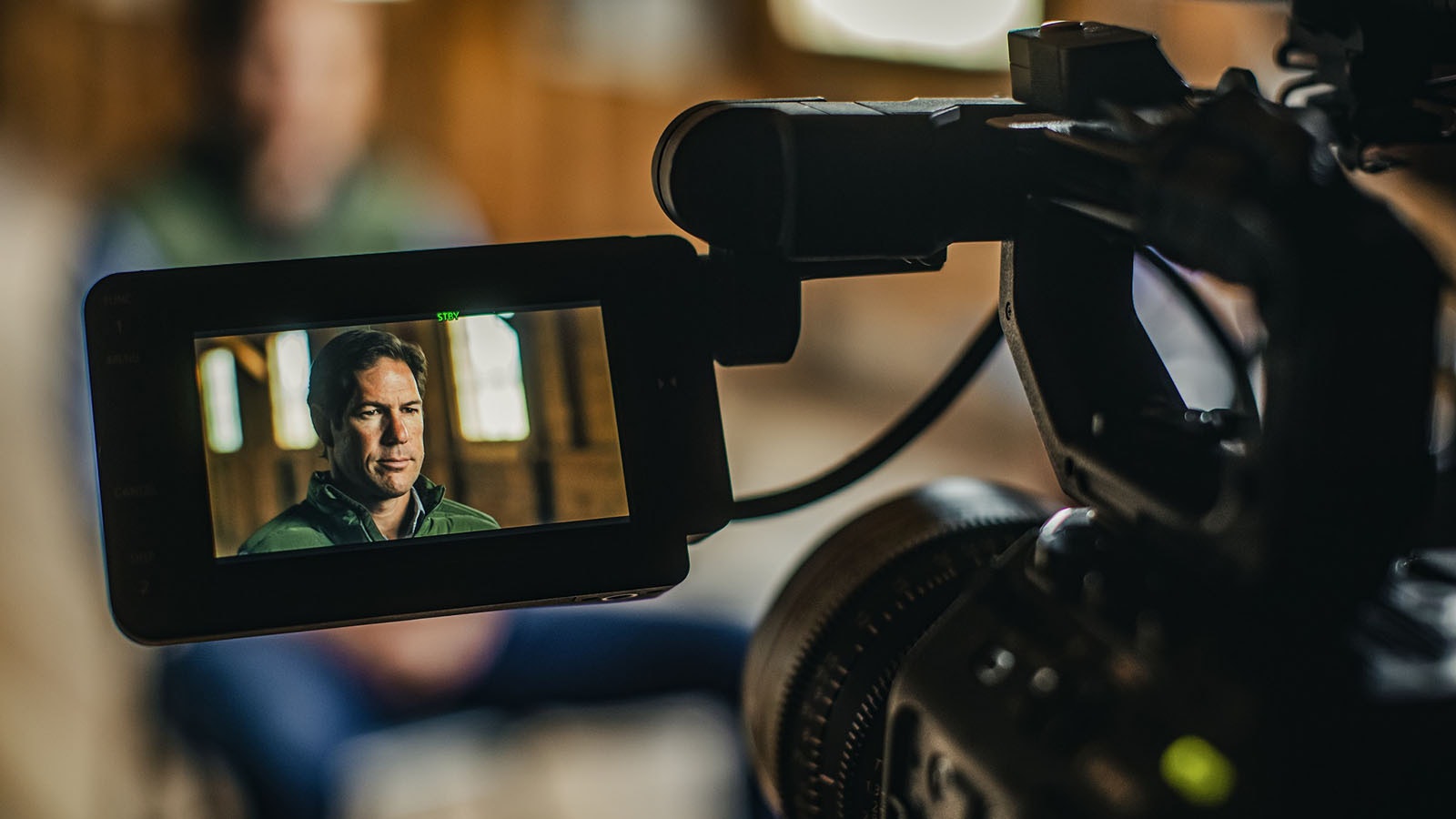 Former NFL linebacker Scott Fujita being interviewed at the Heart Mountain Interpretive Center for the NFL documentary "9066: Fear, Football, and the Theft of Freedom."
