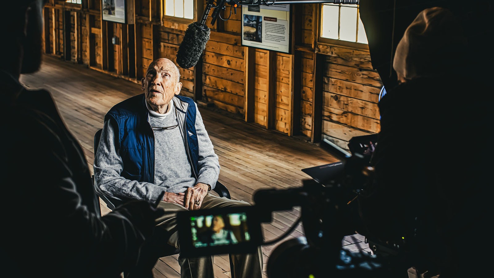 Former U.S. Sen. Al Simpson being interviewed at the Heart Mountain Interpretive Center for the NFL documentary "9066: Fear, Football, and the Theft of Freedom."